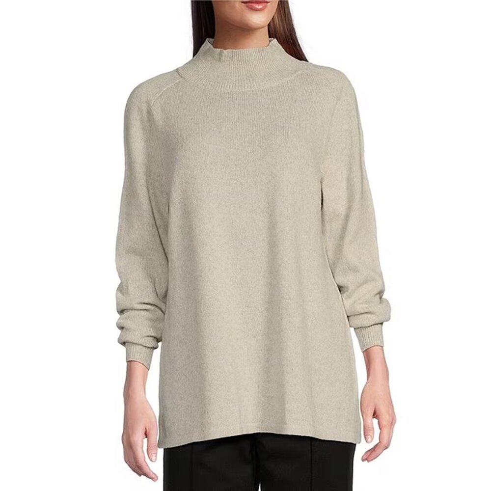 Eileen Fisher Recycled Cashmere Wool Mock Neck Box-Top Sweater Cream‎ Women M